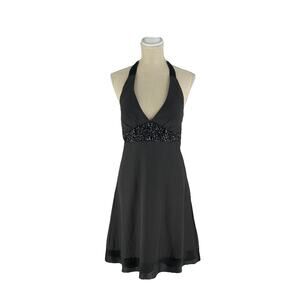 White House Black Market Silk Halter Mini Cocktail Dress Womens 4 Black Jewel